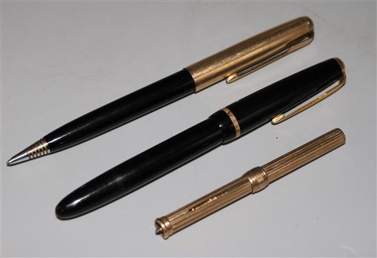 A Sampson Mordan & Co 9ct gold propelling pencil, one other and a fountain pen.